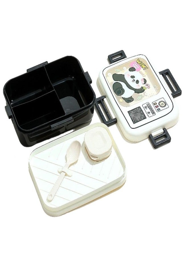 ATTRO Craze Panda Theme Kids Lunch Box with 3 Compartment, 1 Separate Internal Lid, 1 Small Container & Spoon Microwave Safe- 1290ml+70ml White - Image 1